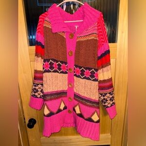 Free People Argyle Smile Cardigan Size Med Button Front Chunky Pink Punch Combo